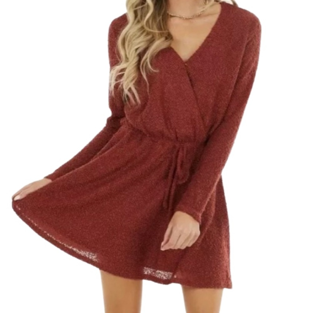Deep Red Mini Dress, Sweater Dress, Boucle Fabric, Pullover V-neck with Snap